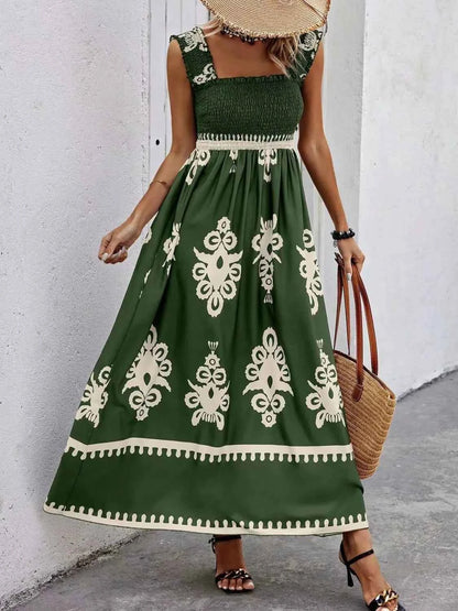 Smocked Printed Wide Strap Maxi Dress - DevilShop