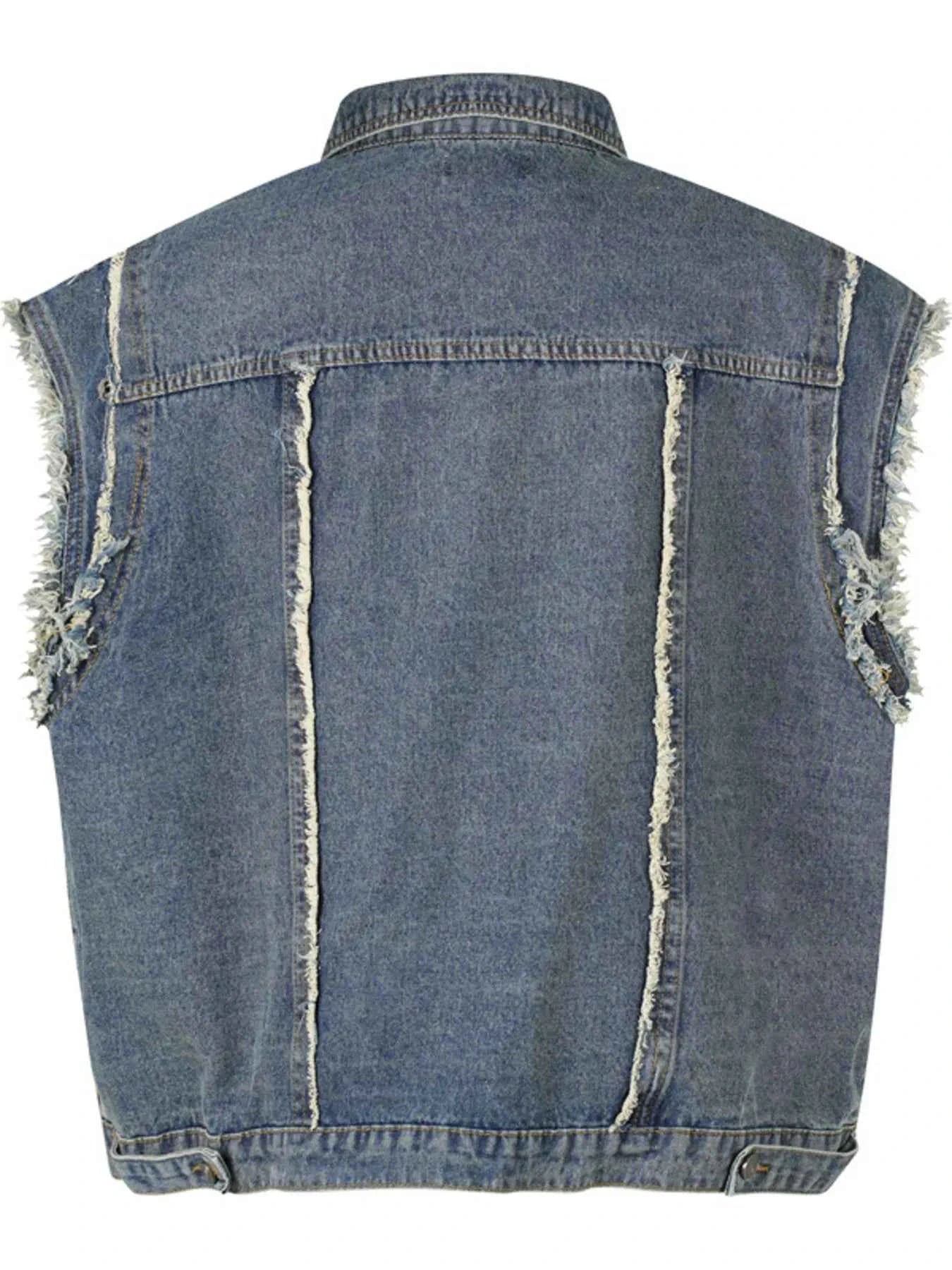 Veste en jean sans manches à boutonnage et ourlet brut - DevilShop