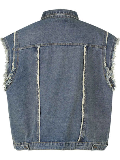Veste en jean sans manches à boutonnage et ourlet brut - DevilShop