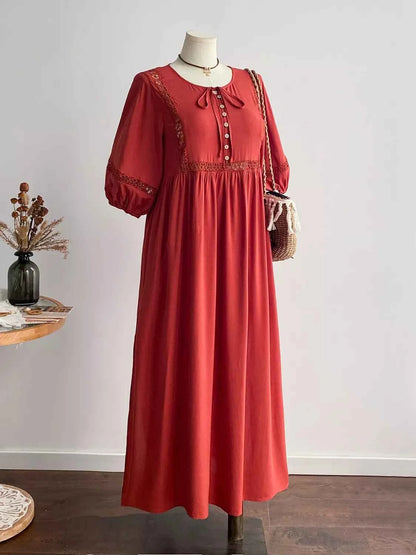 Plus Size Tie Neck Puff Sleeve Midi Dress with Lace Trim
