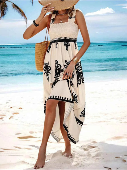 Smocked Printed Wide Strap Maxi Dress - DevilShop