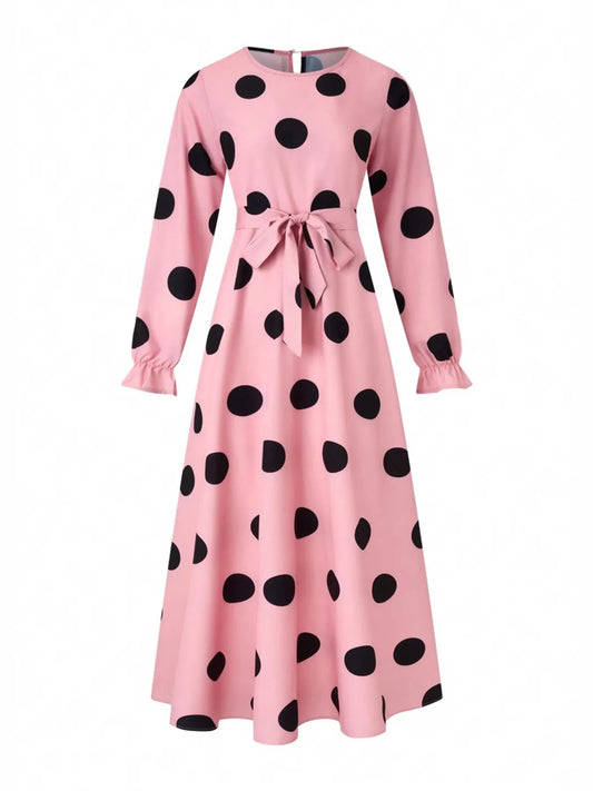Polka Dot Tie Waist Flounce Sleeve Dress - DevilShop