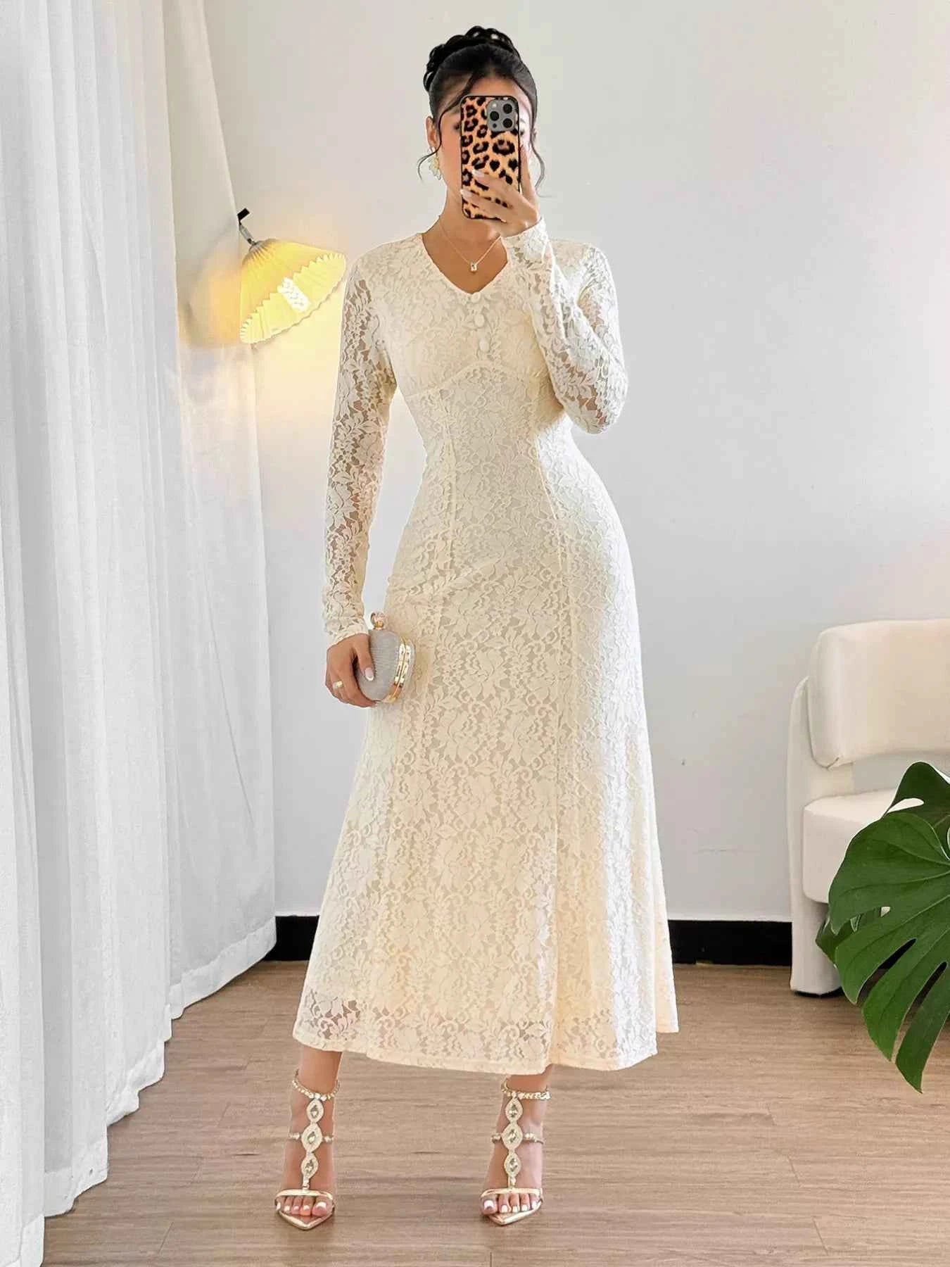 Lace V-Neck Long Sleeve Dress