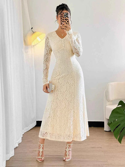 Lace V-Neck Long Sleeve Dress