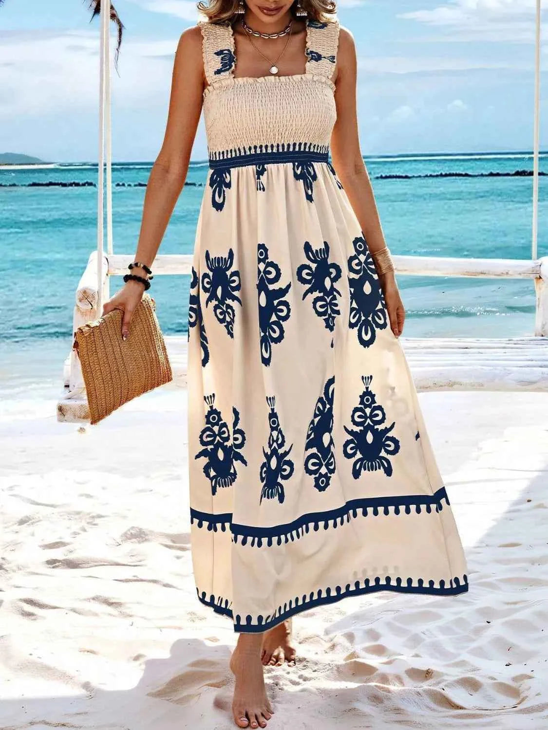 Smocked Printed Wide Strap Maxi Dress - DevilShop