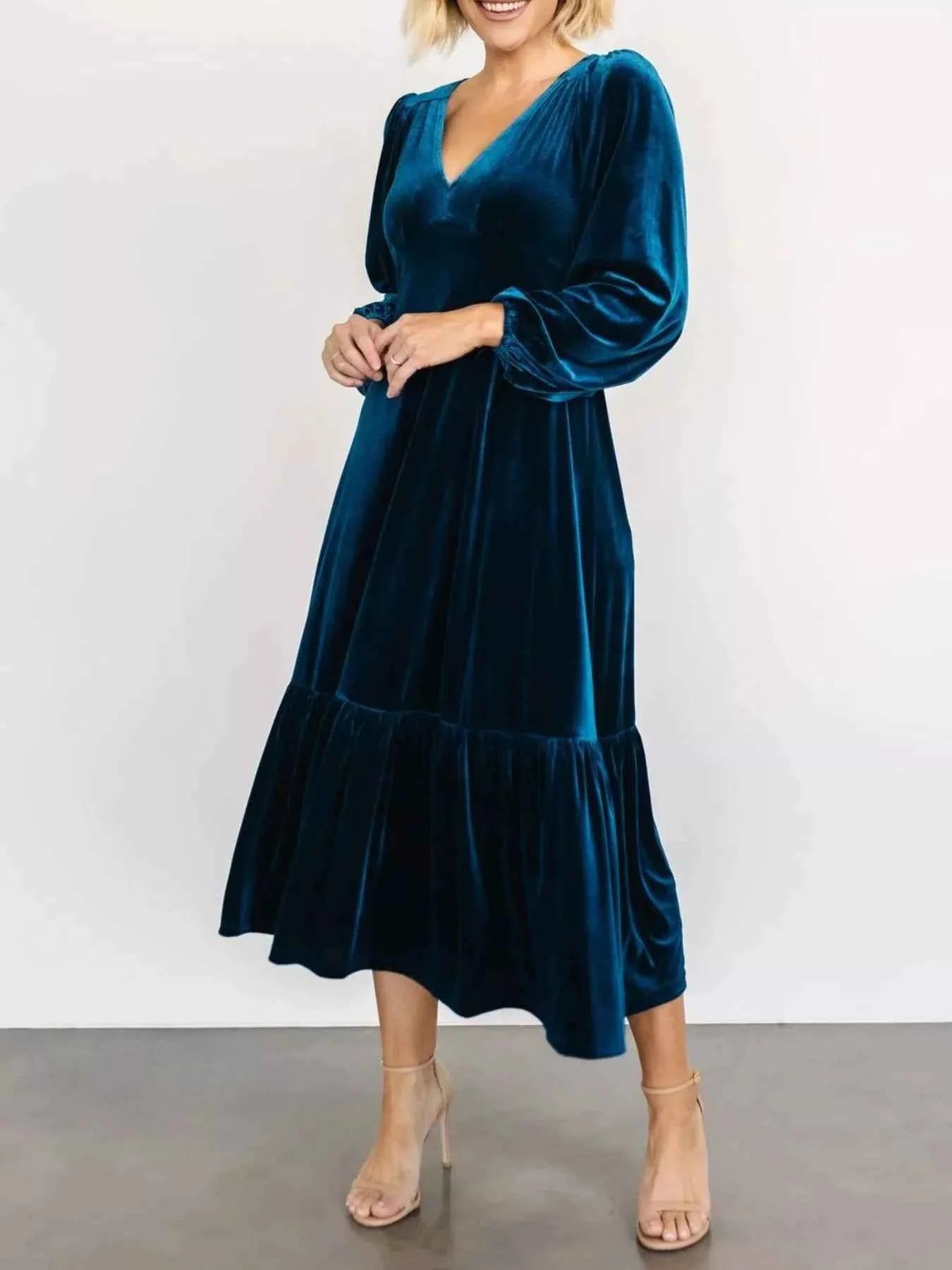 Velvet Tiered Long Sleeve Midi Dress