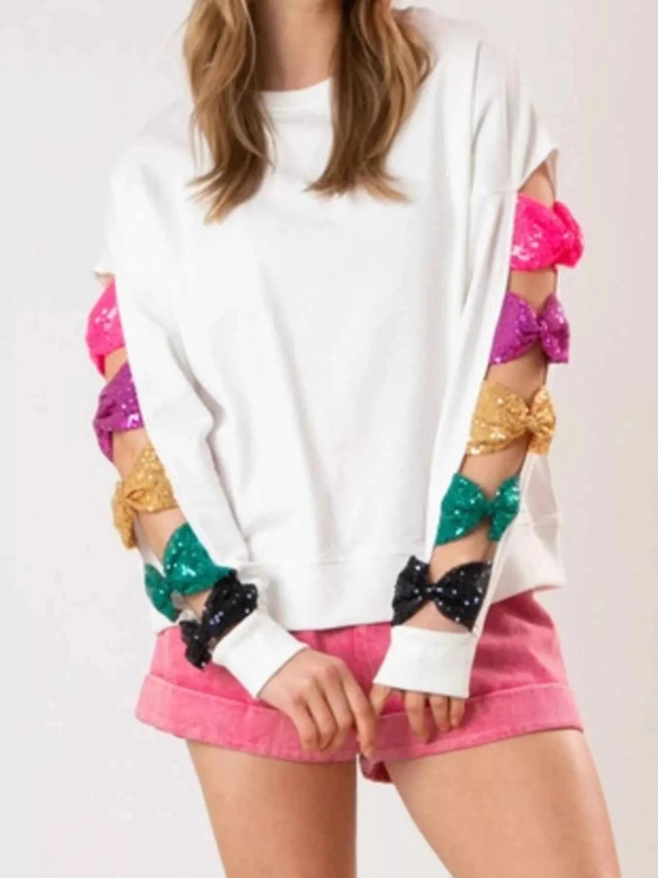 Sequin Bow Cutout Round Neck Sweatshirt