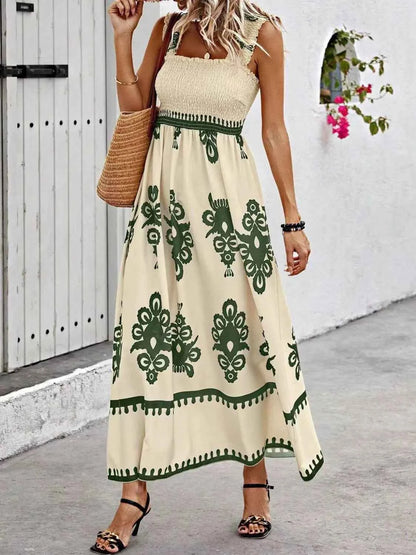 Smocked Printed Wide Strap Maxi Dress - DevilShop