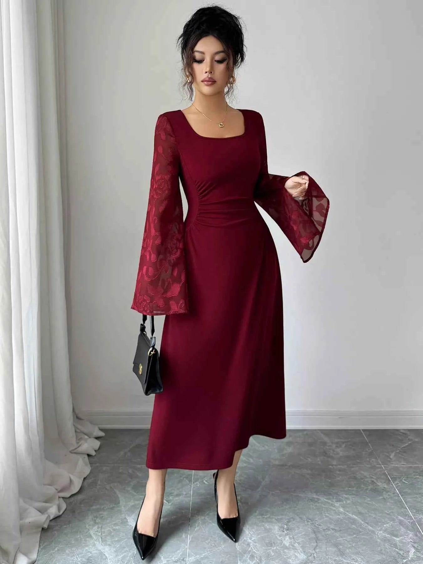Square Neck Flare Sleeve Midi Dress