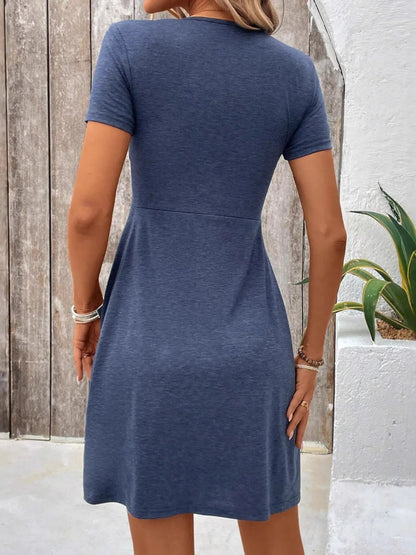 Twist Front V-Neck Short Sleeve Casual Dress - DevilShop