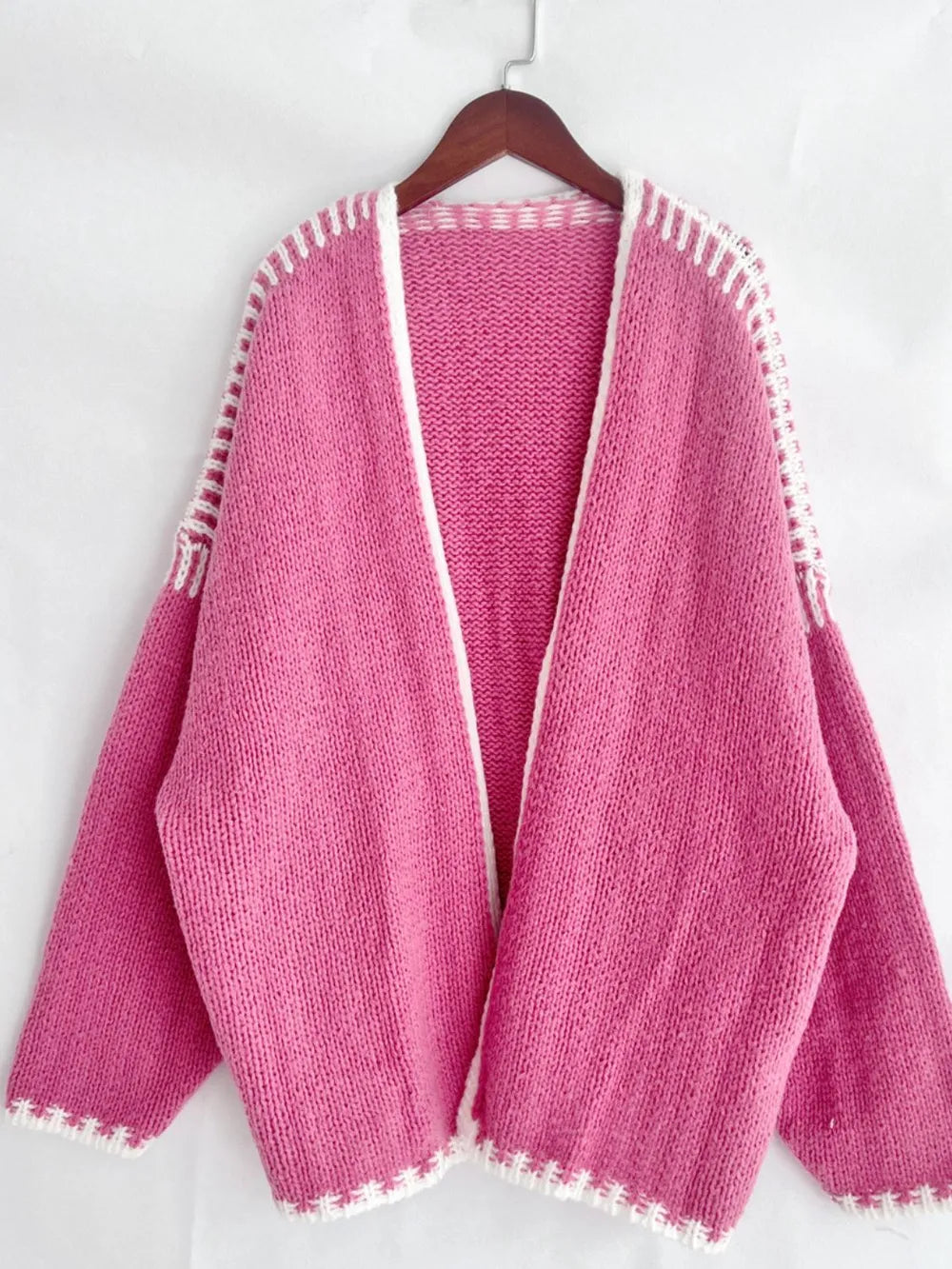 Double Take Contrast Open Front Dropped Shoulder Cardigan - DevilShop