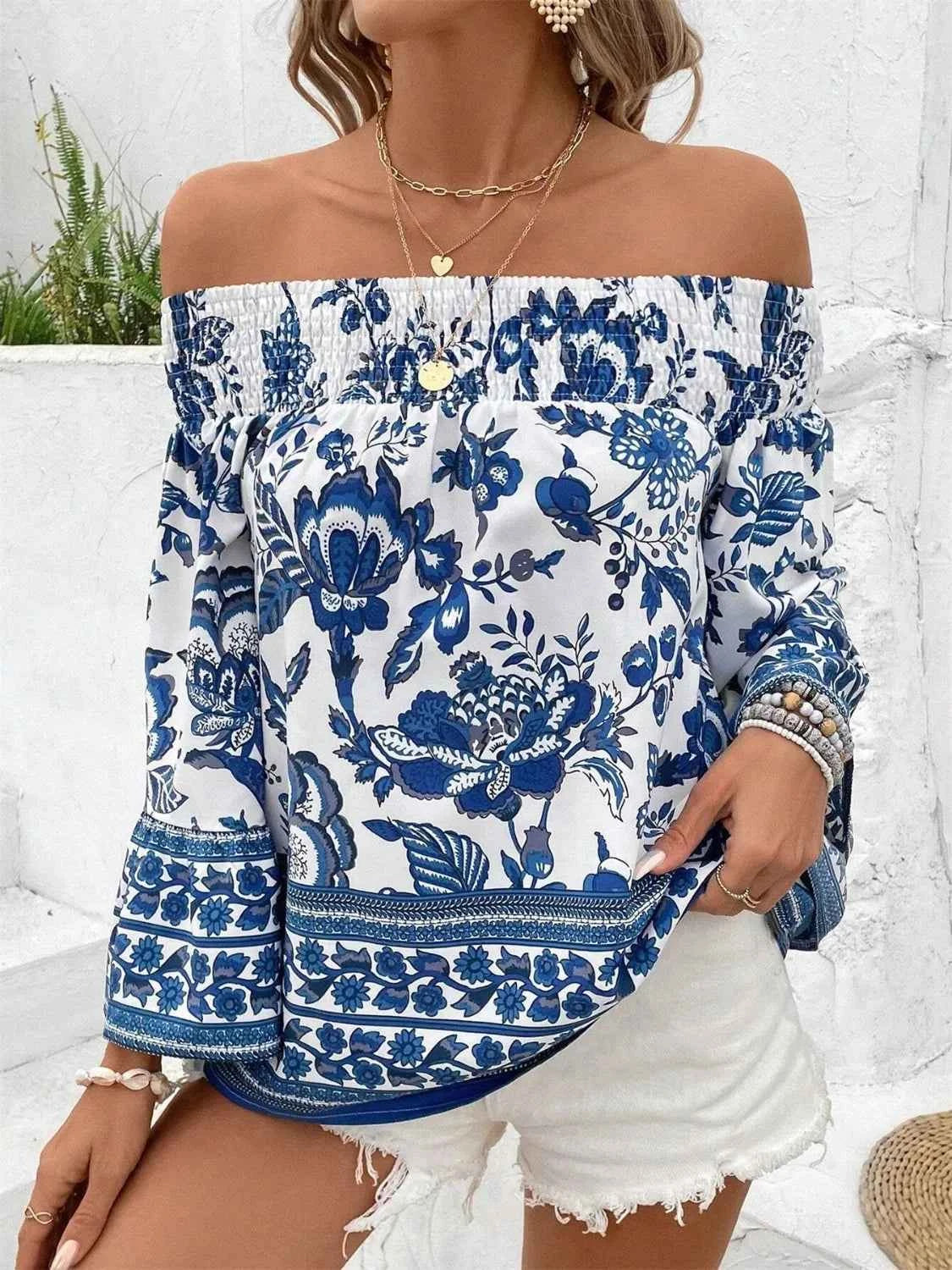 Smocked Printed Off-Shoulder Blouse - DevilShop