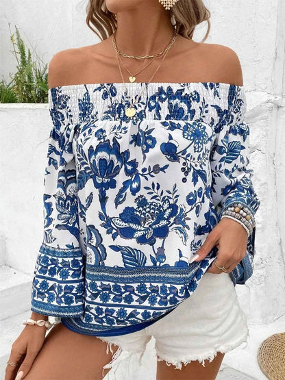 Smocked Printed Off-Shoulder Blouse - DevilShop