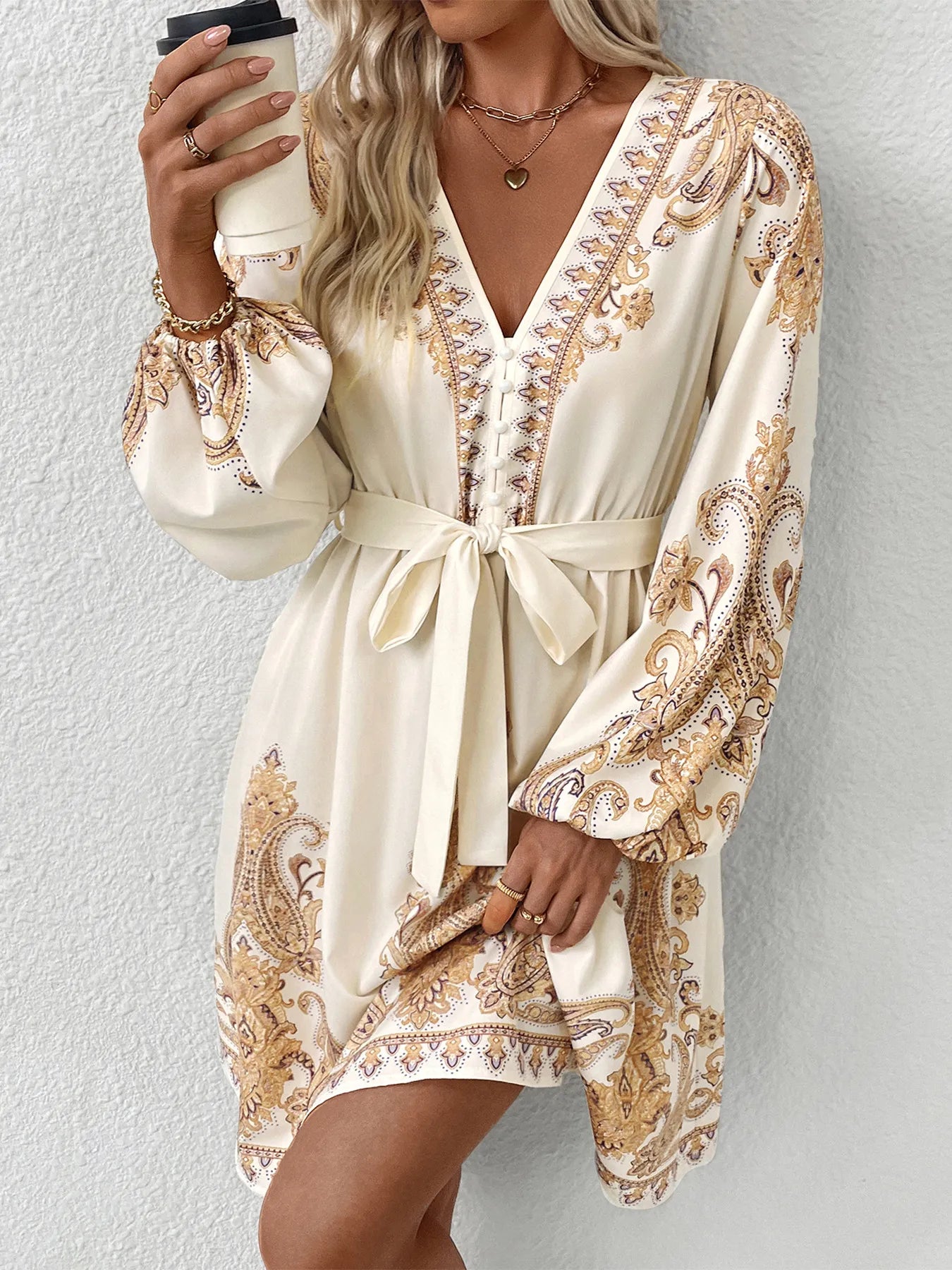 Printed Tie Waist Long Sleeve Dress - DevilShop