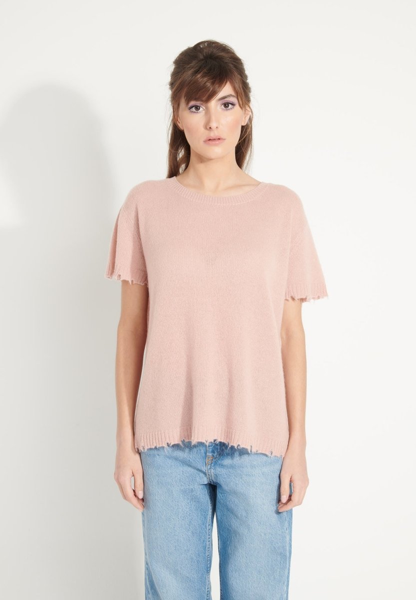 T-shirt col rond femme en cachemire déjaugé rose poudré - AVA 6