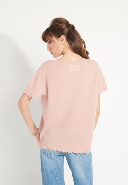 T-shirt col rond femme en cachemire déjaugé rose poudré - AVA 6