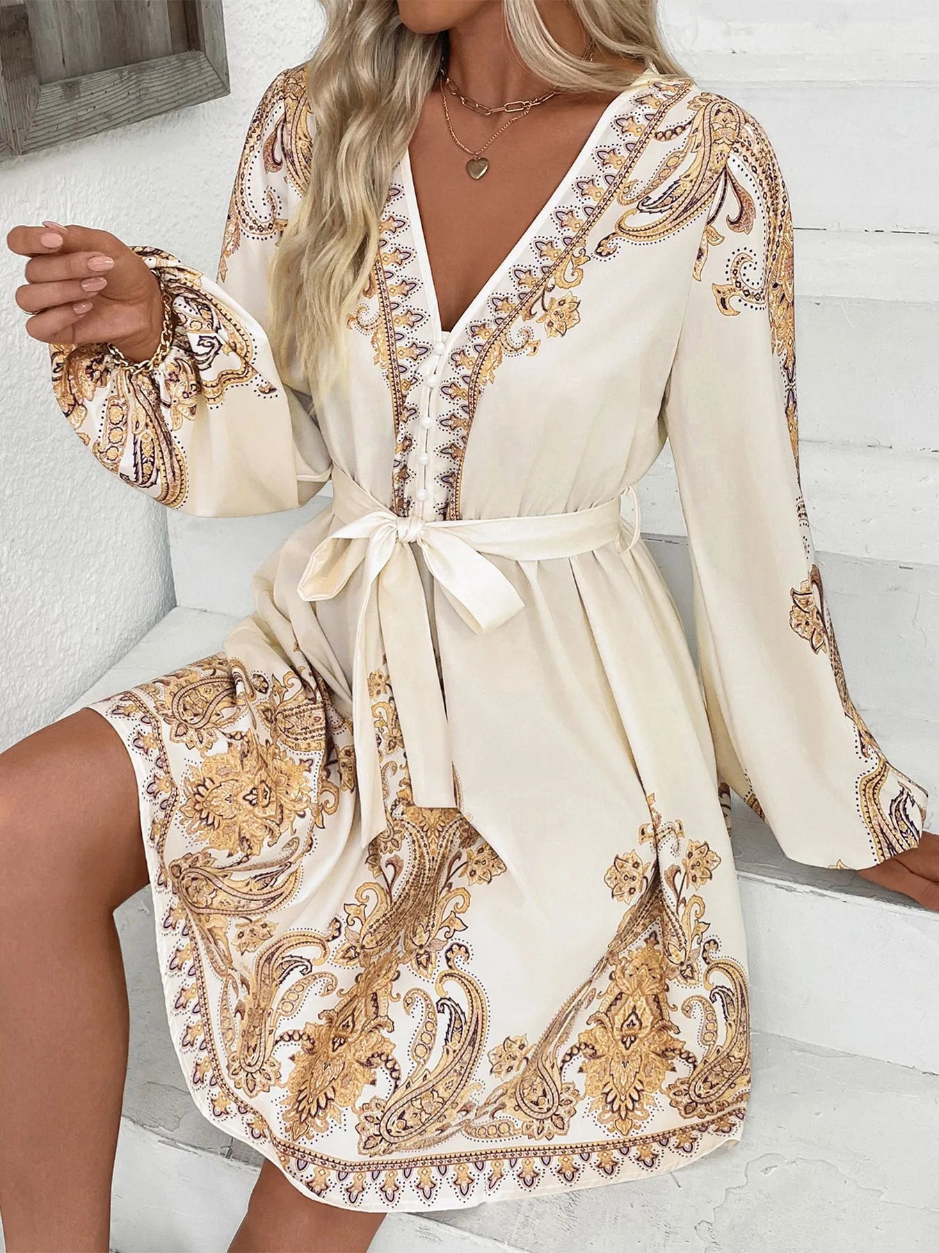 Printed Tie Waist Long Sleeve Dress - DevilShop