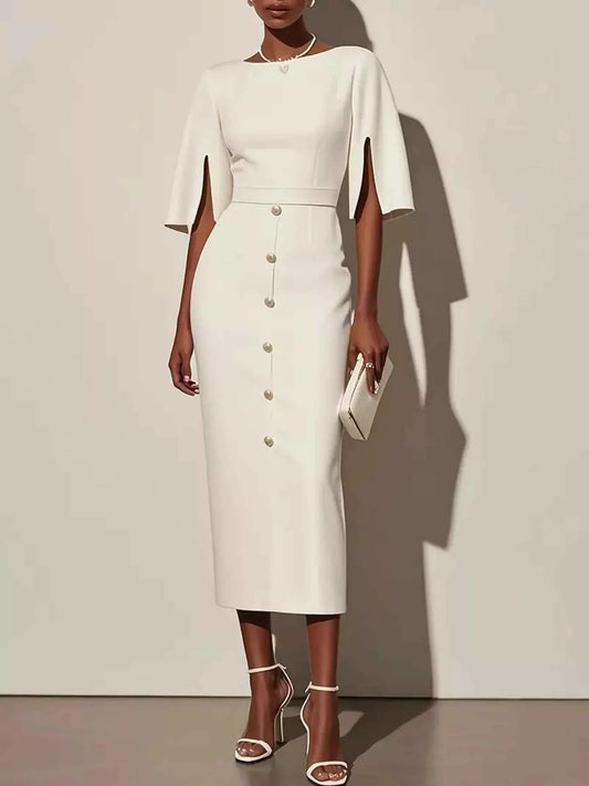 Slit Sleeve Midi Dress with Decorative Button