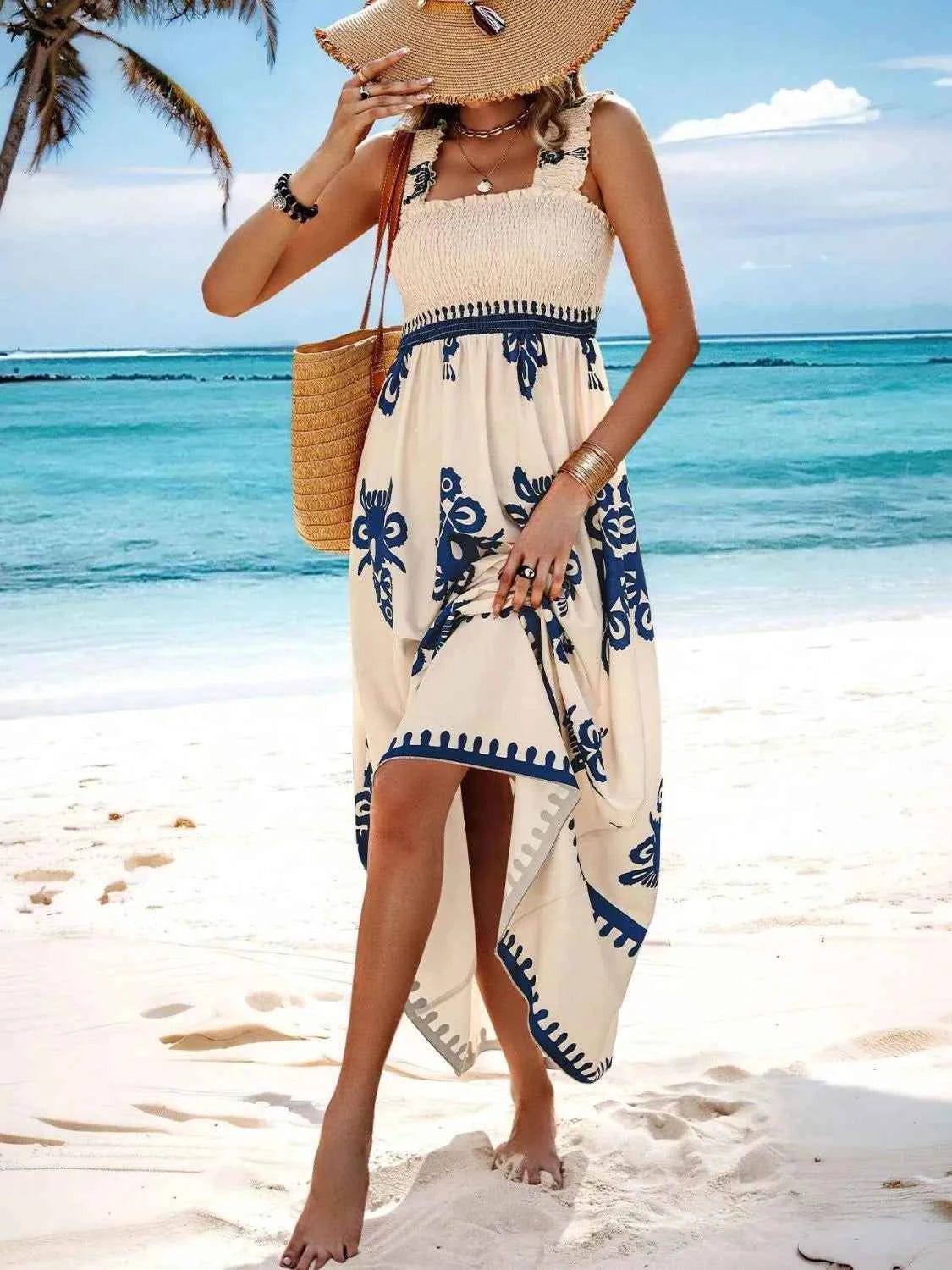 Smocked Printed Wide Strap Maxi Dress - DevilShop