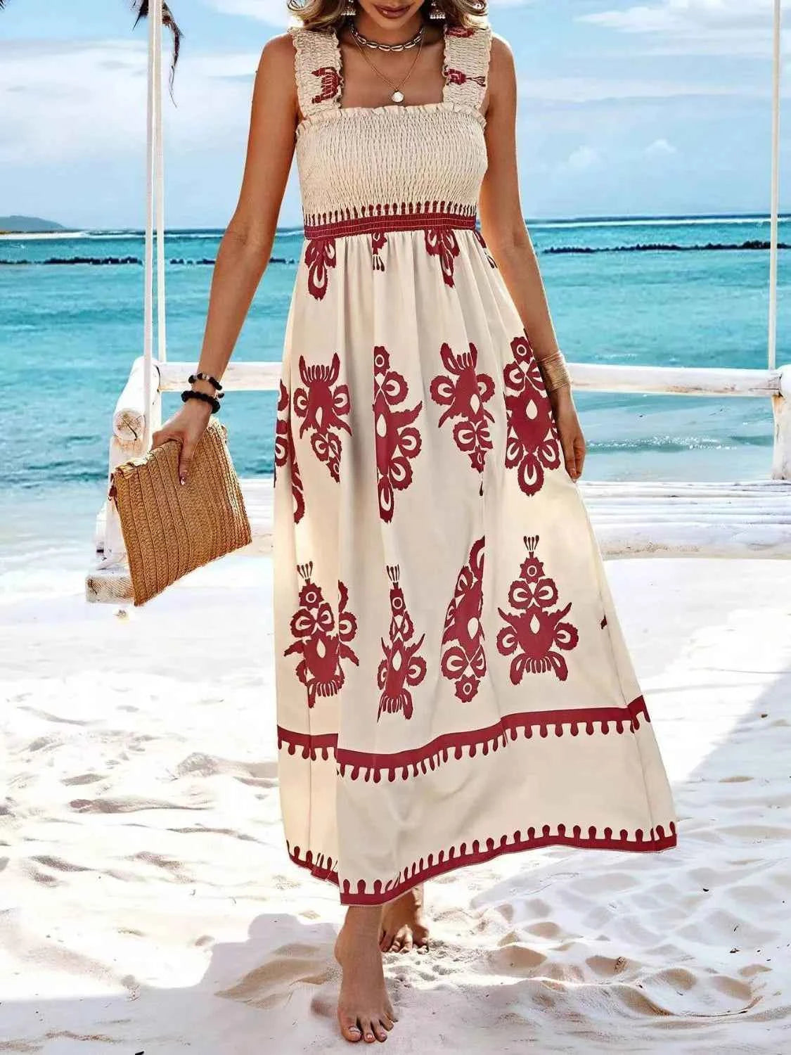 Smocked Printed Wide Strap Maxi Dress - DevilShop