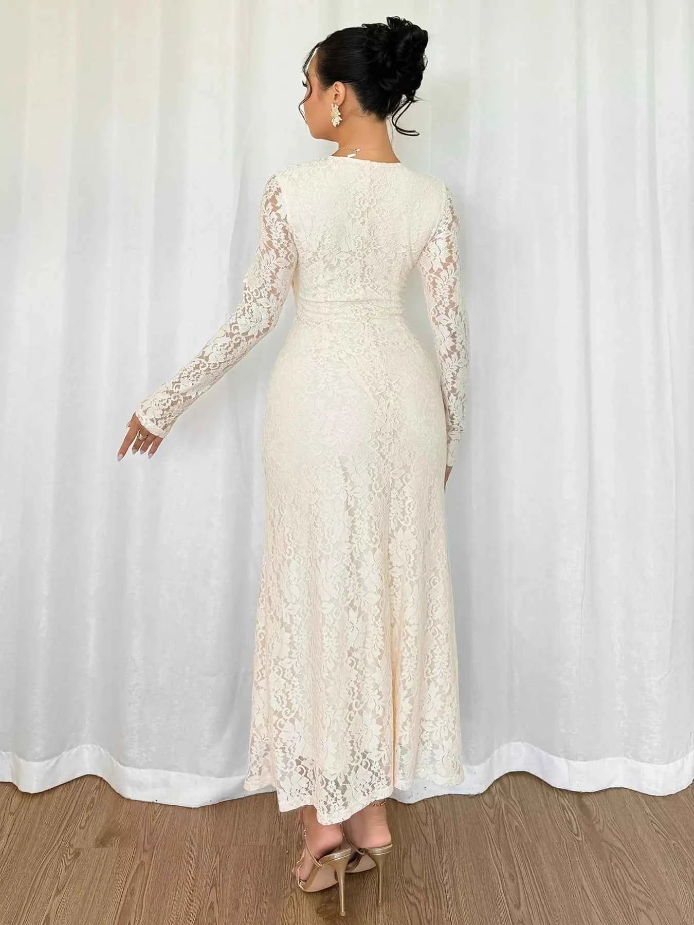 Lace V-Neck Long Sleeve Dress
