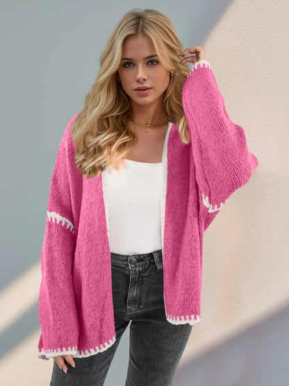 Double Take Contrast Open Front Dropped Shoulder Cardigan - DevilShop