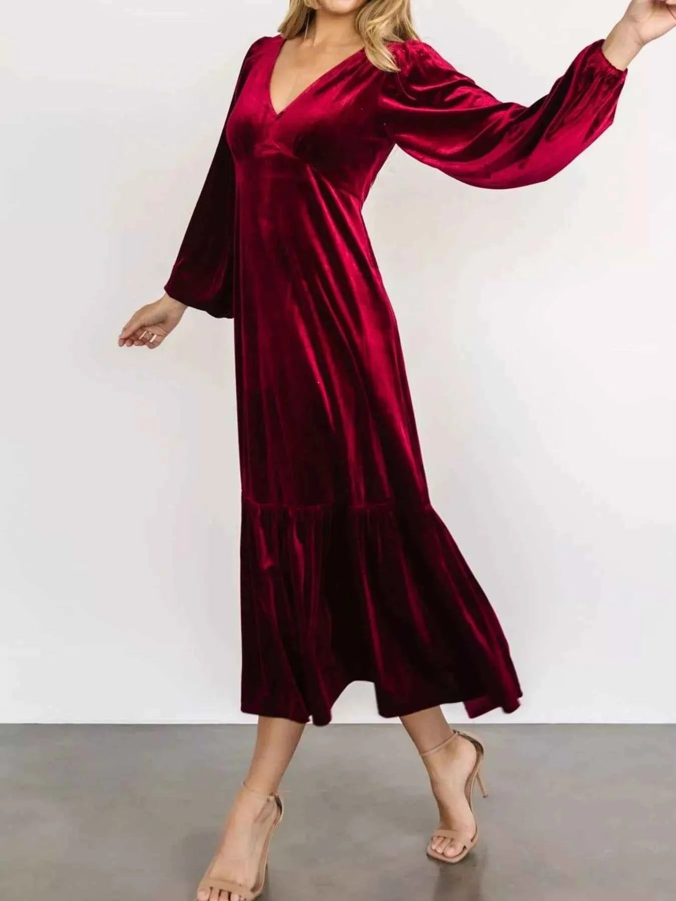 Velvet Tiered Long Sleeve Midi Dress