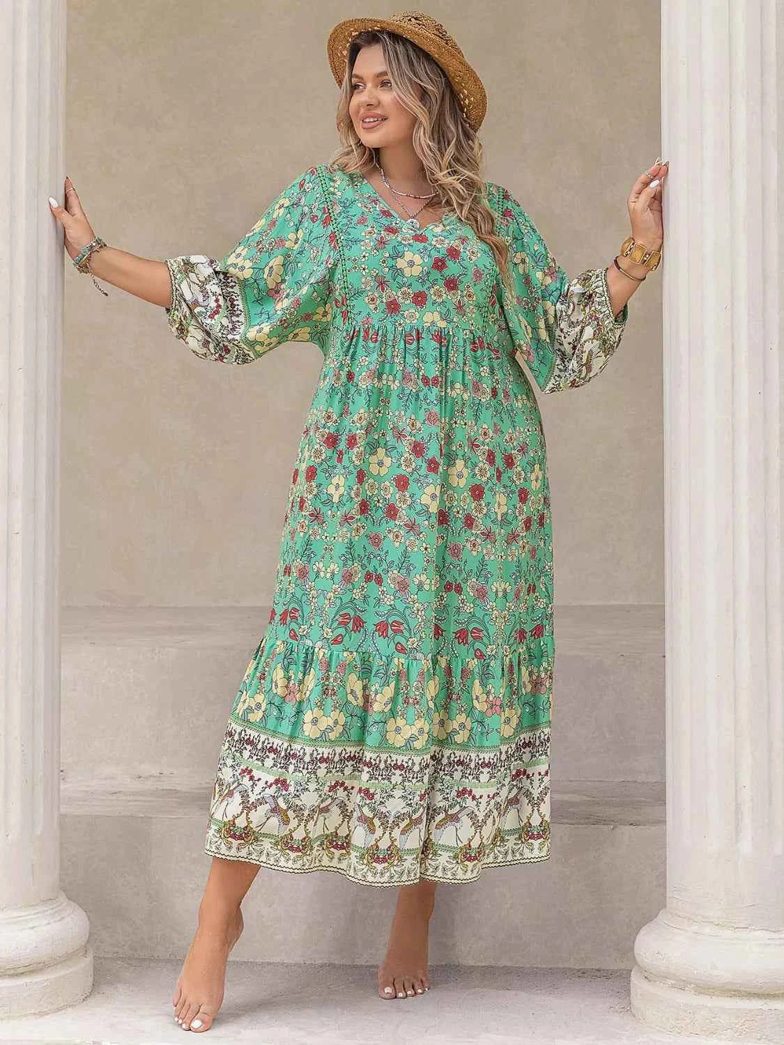 Plus Size Bohemian Floral Print Long Sleeve Midi Dress
