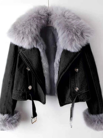 Full Size Faux Fur Collar Denim Jacket Plus Size