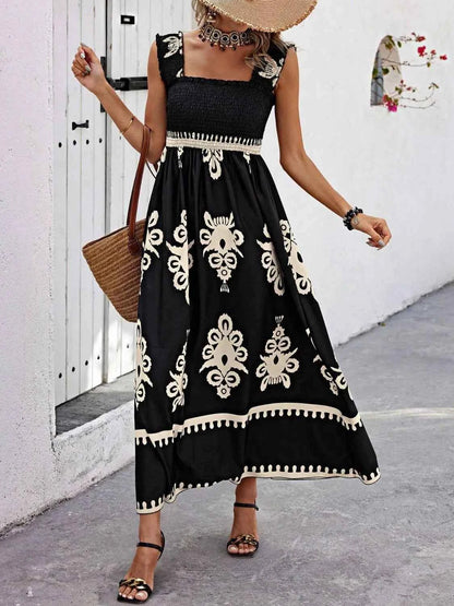Smocked Printed Wide Strap Maxi Dress - DevilShop