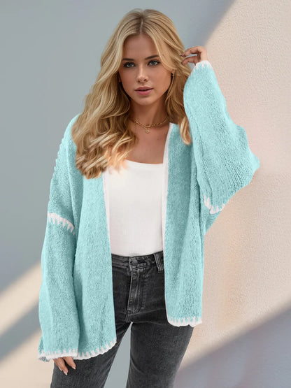 Double Take Contrast Open Front Dropped Shoulder Cardigan - DevilShop