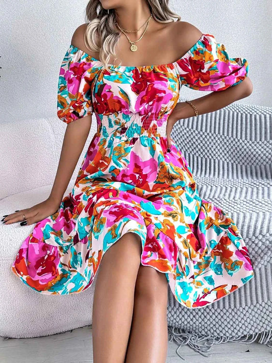 Ruffled Hem Smocked Floral Short Sleeve Midi Dress - DevilShop