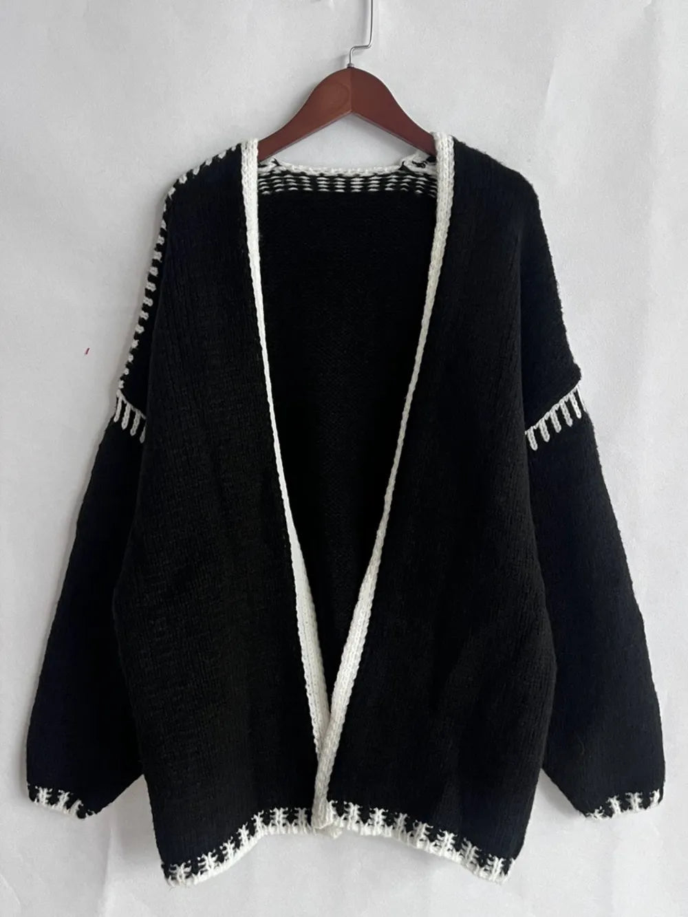 Double Take Contrast Open Front Dropped Shoulder Cardigan - DevilShop