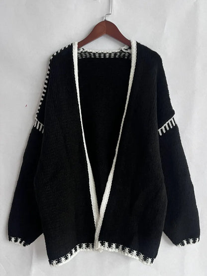 Double Take Contrast Open Front Dropped Shoulder Cardigan - DevilShop