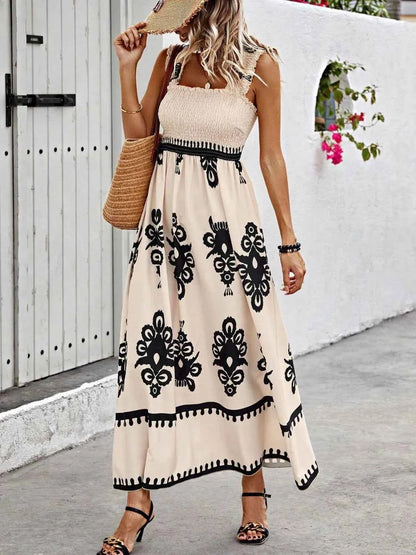 Smocked Printed Wide Strap Maxi Dress - DevilShop