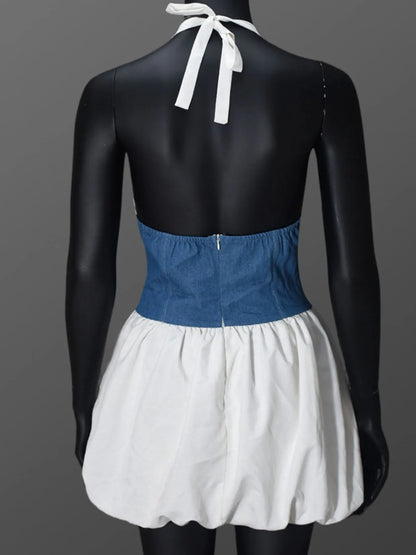 Halter Deep V-Neck Color Block Mini Dress - DevilShop
