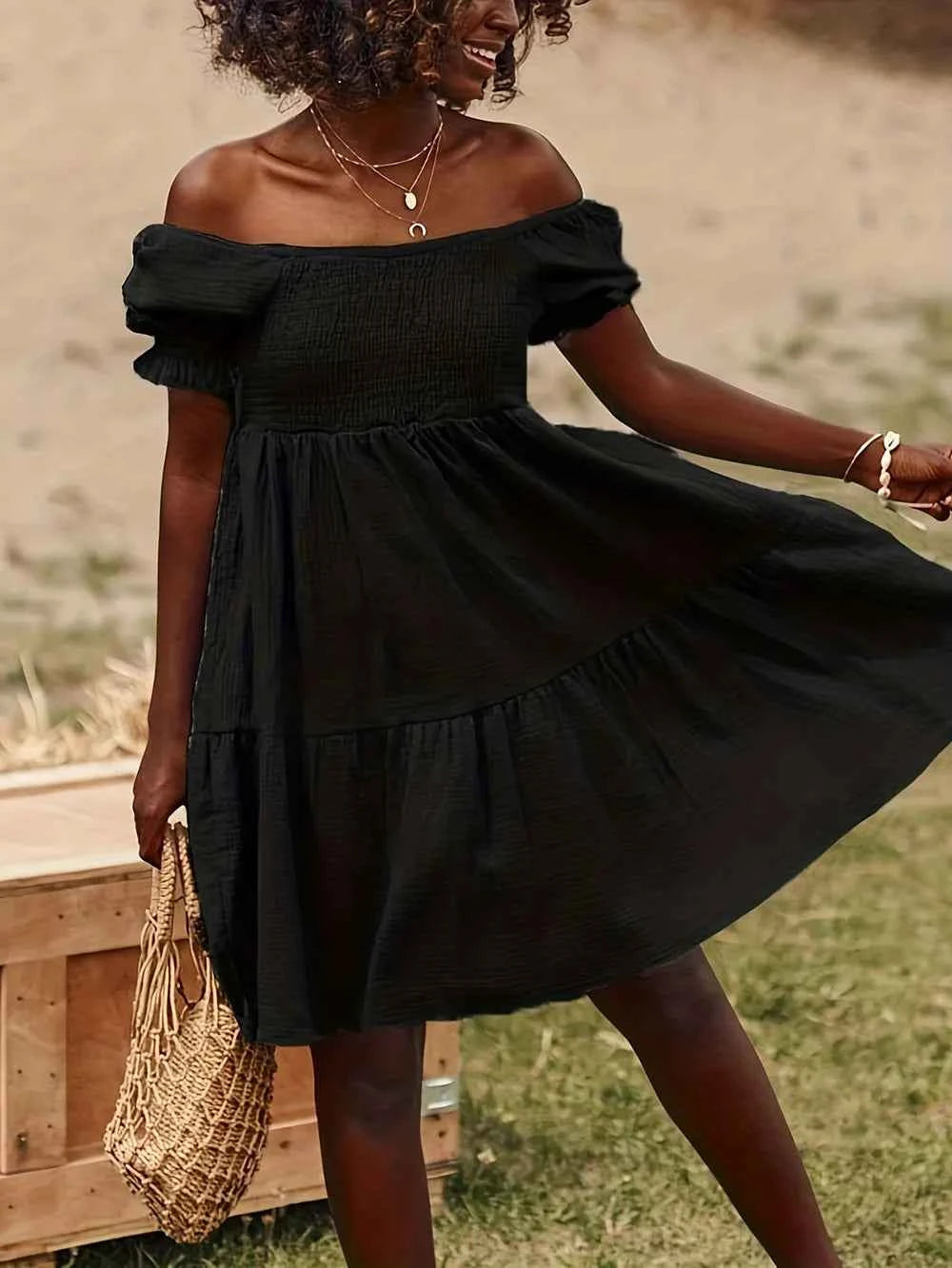 Robe à volants épaules dénudées avec manches courtes - DevilShop