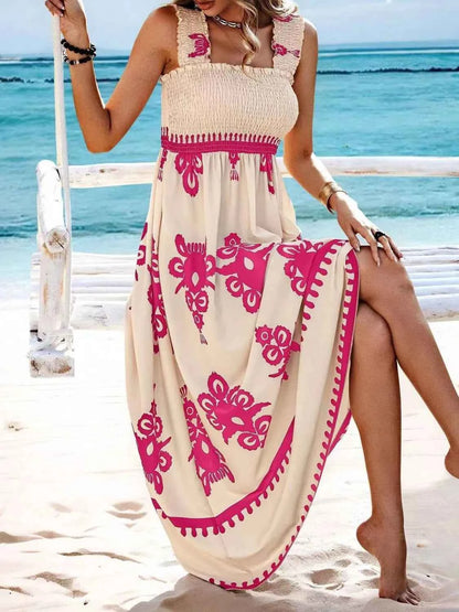 Smocked Printed Wide Strap Maxi Dress - DevilShop