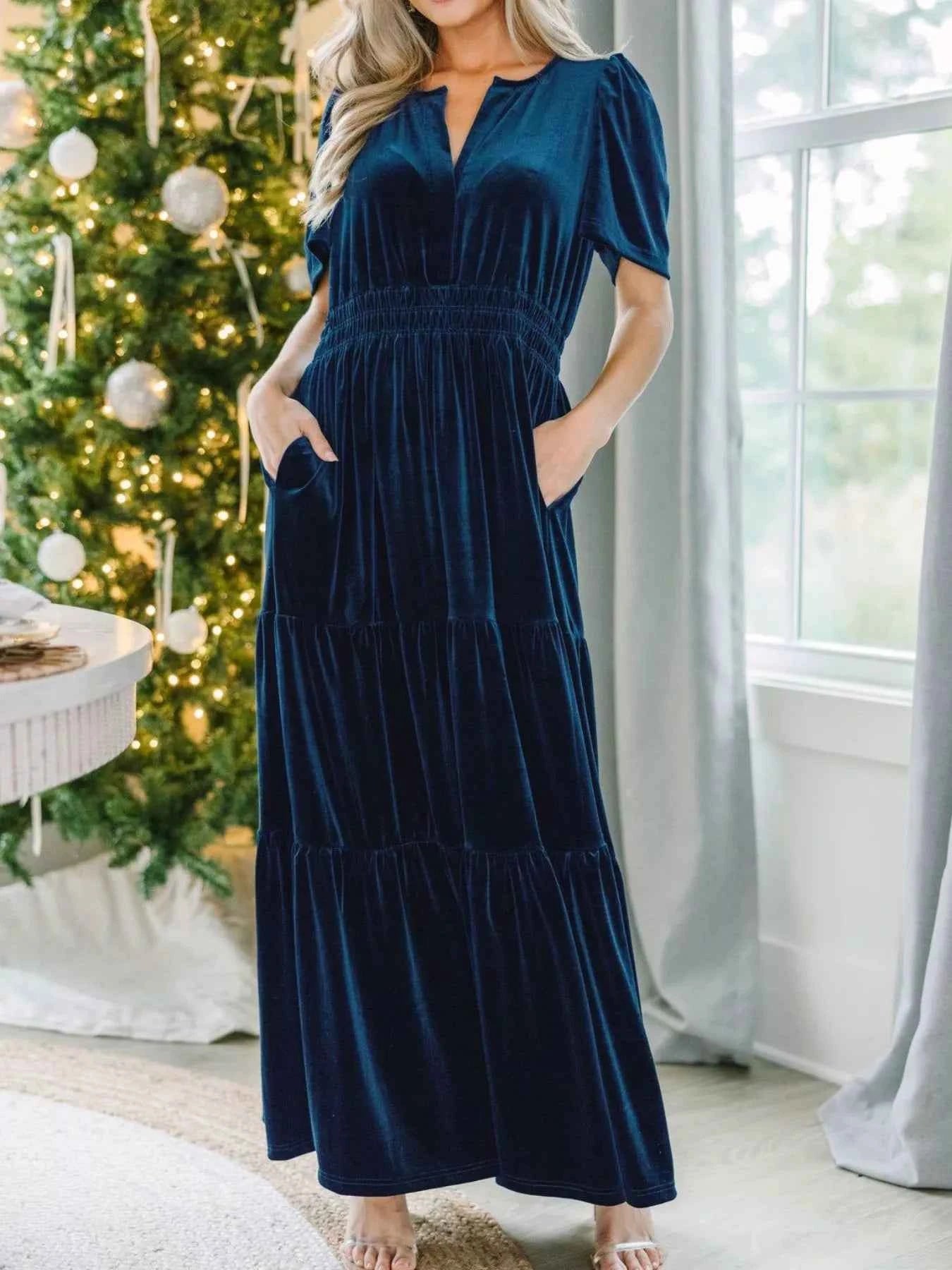 Velvet Tiered Short Sleeve Maxi Dress