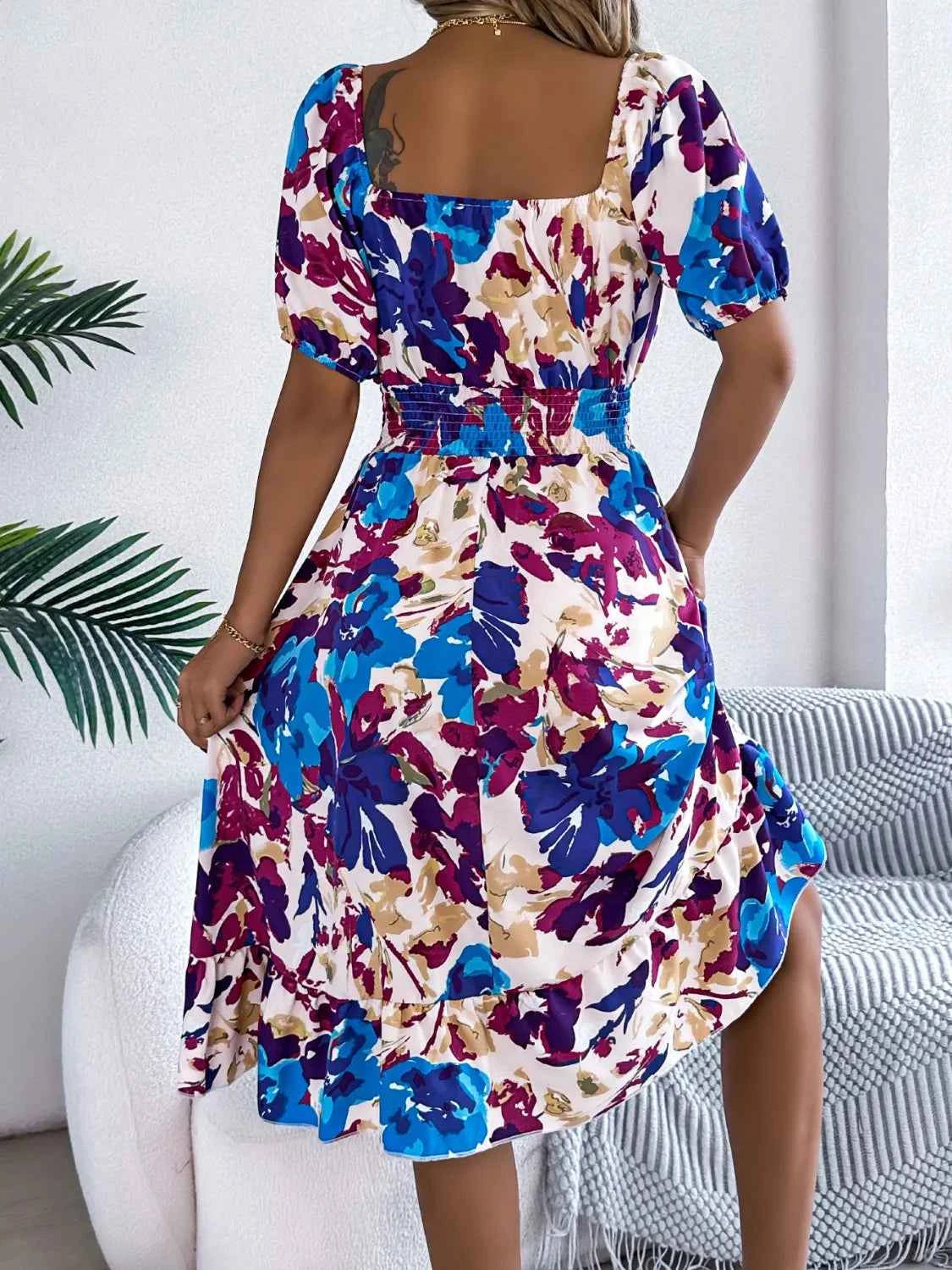 Ruffled Hem Smocked Floral Short Sleeve Midi Dress - DevilShop