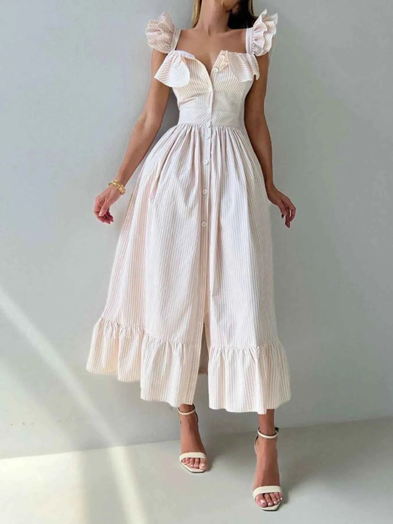 Robe à volants et à rayures, col carré - DevilShop