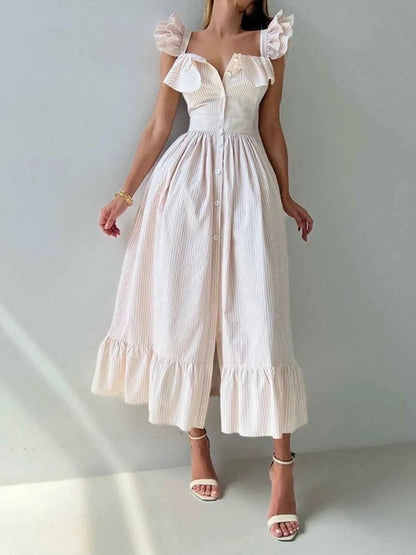 Robe à volants et à rayures, col carré - DevilShop