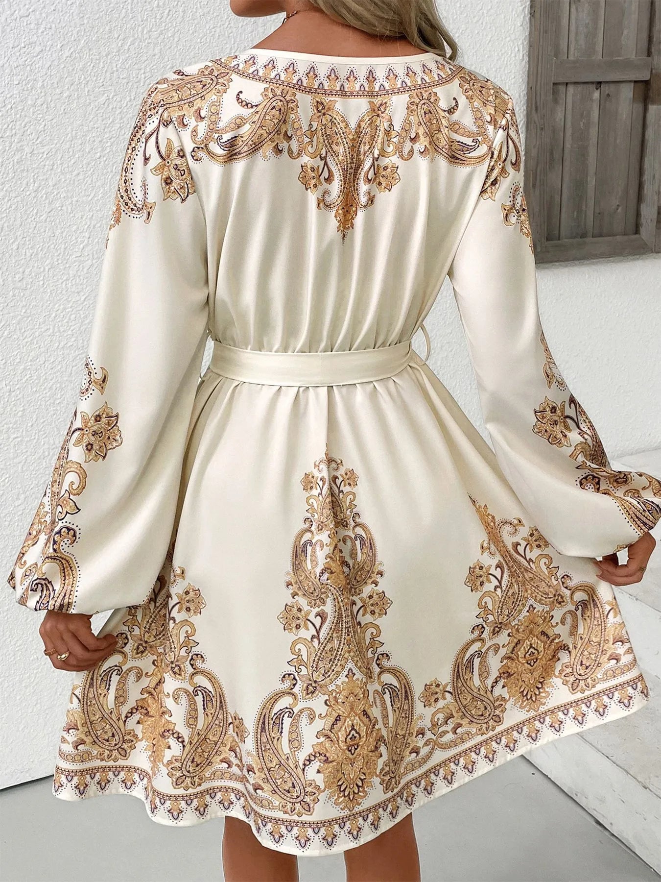 Printed Tie Waist Long Sleeve Dress - DevilShop