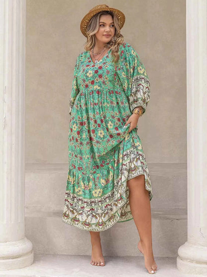 Plus Size Bohemian Floral Print Long Sleeve Midi Dress