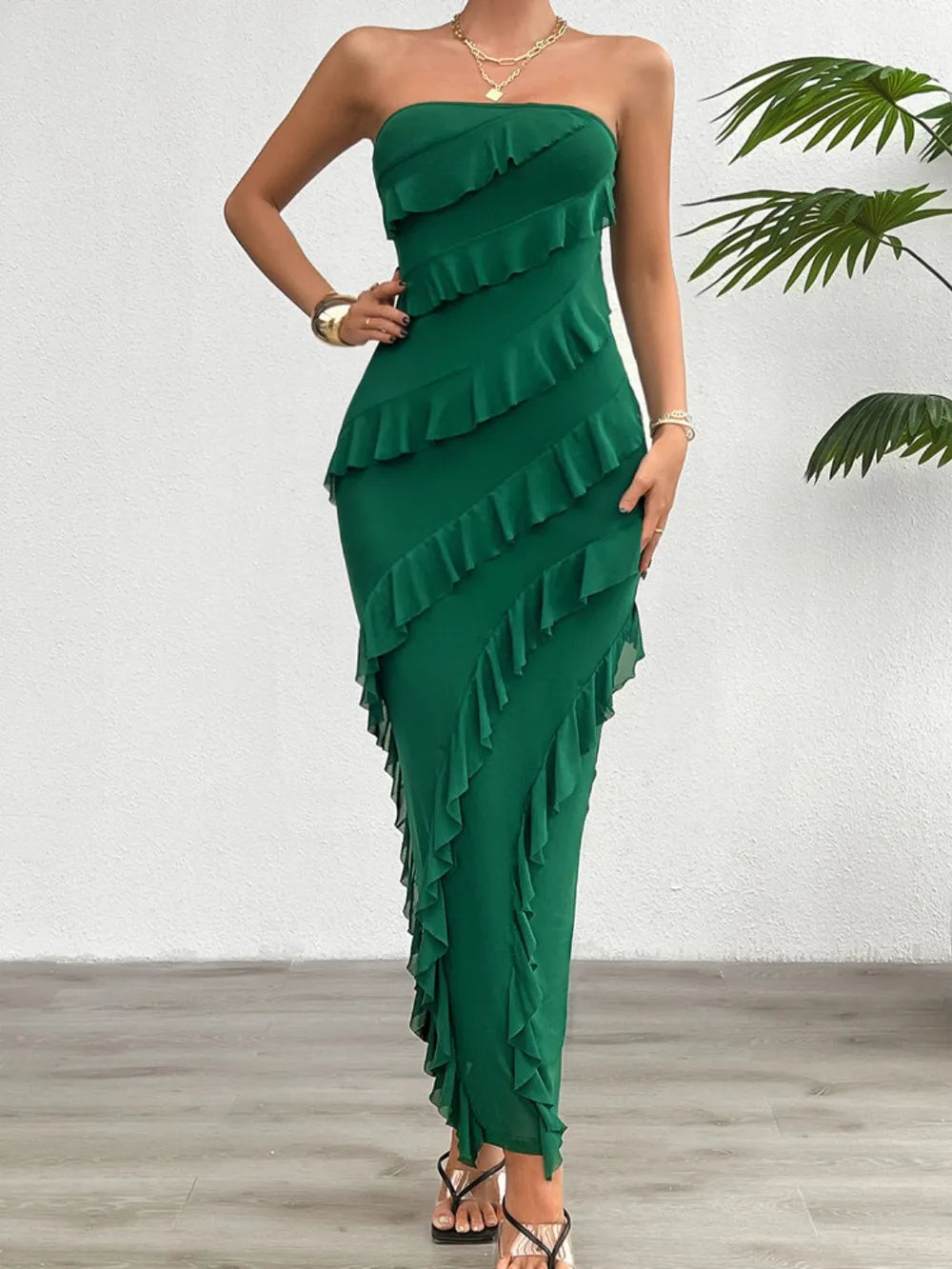 Devine Ruffled Slit Back Tube Maxi Dress - DevilShop