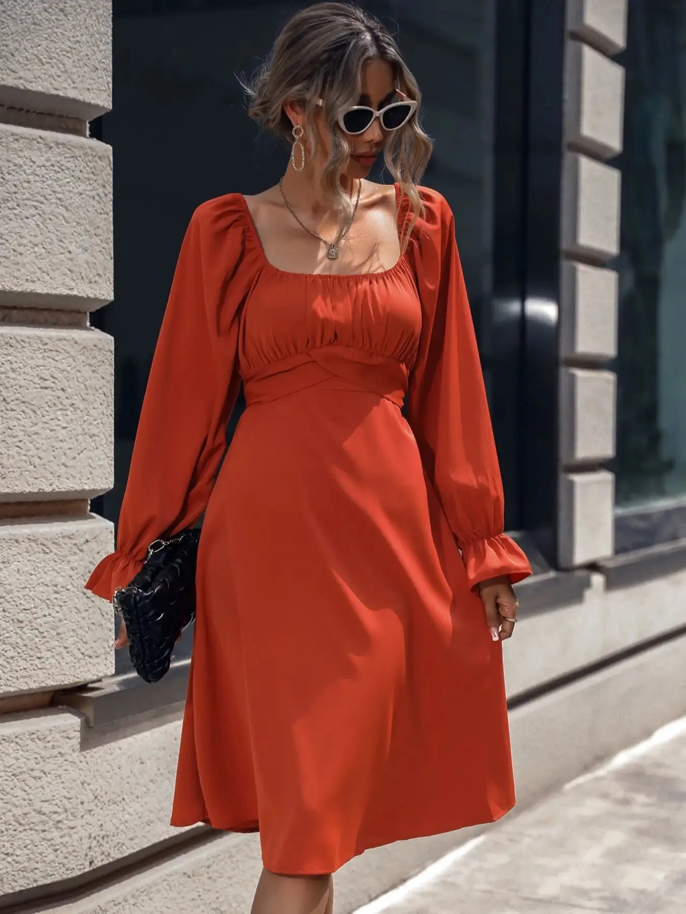 Square Neck Flounce Sleeve Midi Dress - DevilShop