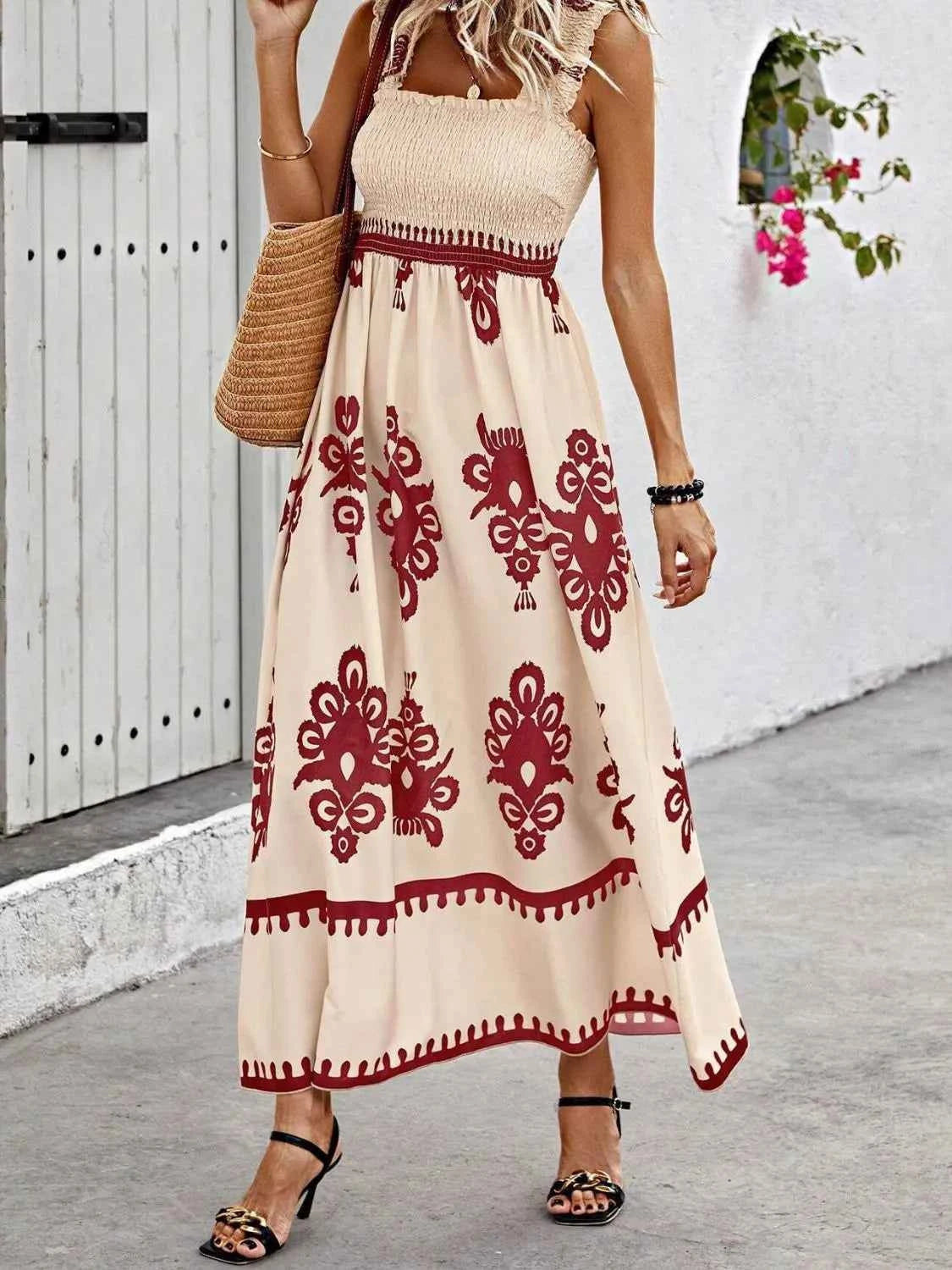 Smocked Printed Wide Strap Maxi Dress - DevilShop