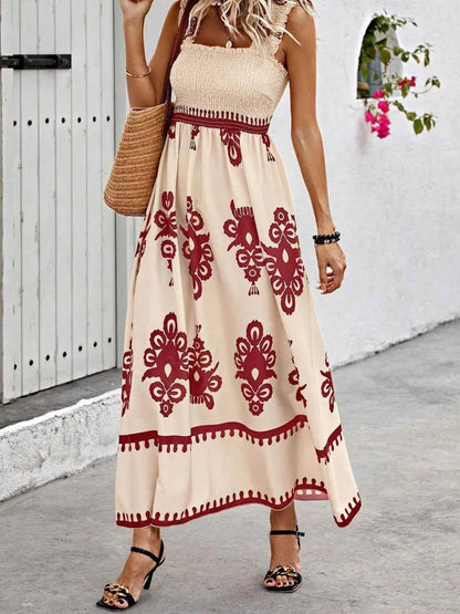 Smocked Printed Wide Strap Maxi Dress - DevilShop