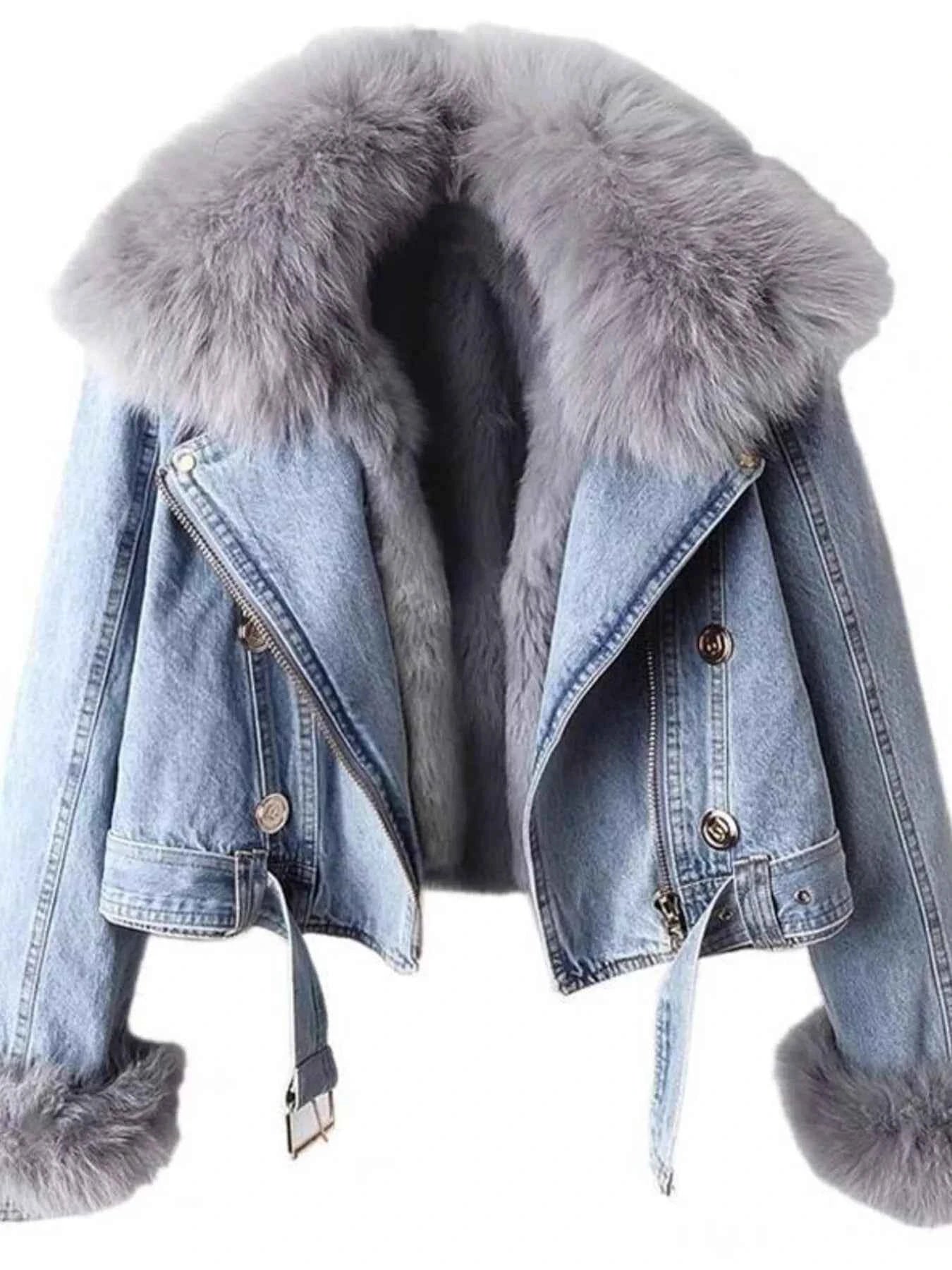 Full Size Faux Fur Collar Denim Jacket Plus Size