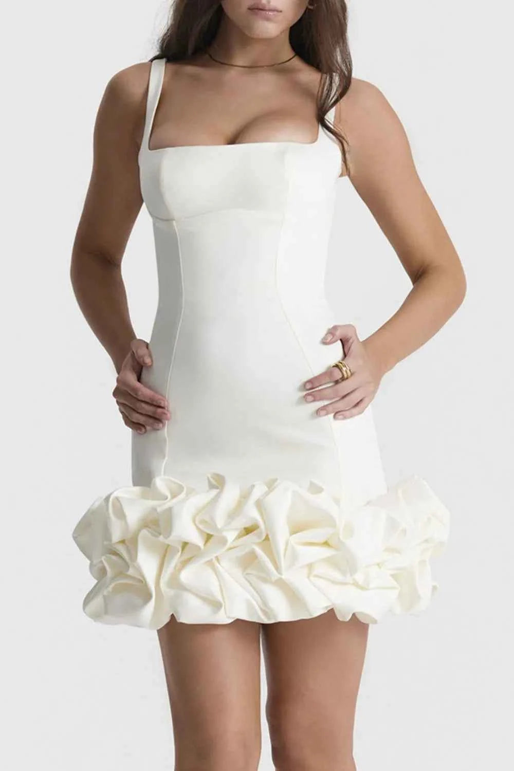 Ruched Square Neck Sleeve Mini Dress - DevilShop